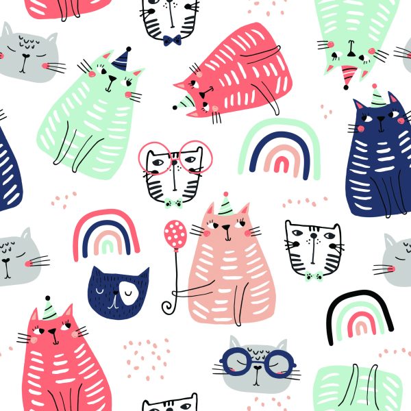 Behang Voor Kinderen - Kleurrijke Katten - Scandinavische Stijl - Afbeelding 2