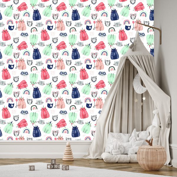 Behang Voor Kinderen - Kleurrijke Katten - Scandinavische Stijl - Afbeelding 3