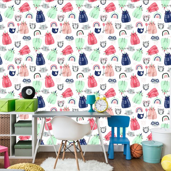 Behang Voor Kinderen - Kleurrijke Katten - Scandinavische Stijl - Afbeelding 4