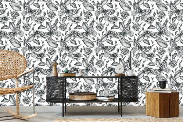 Behang Zwart-Witte Rozen Met Vlinders - Afbeelding 5