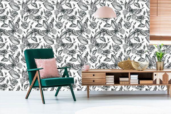 Behang Zwart-Witte Rozen Met Vlinders - Afbeelding 6