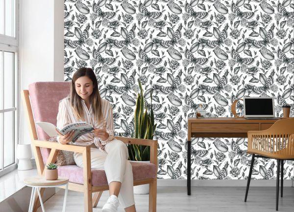 Behang Zwart-Witte Rozen Met Vlinders - Afbeelding 7
