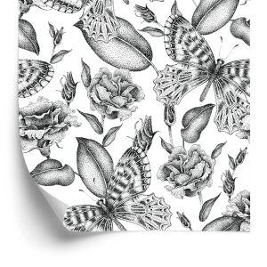 Behang Zwart-Witte Rozen Met Vlinders