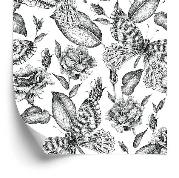 Behang Zwart-Witte Rozen Met Vlinders