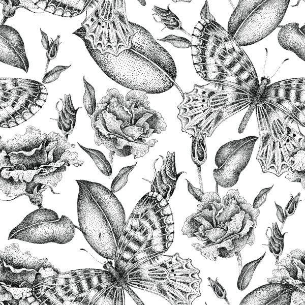 Behang Zwart-Witte Rozen Met Vlinders - Afbeelding 2