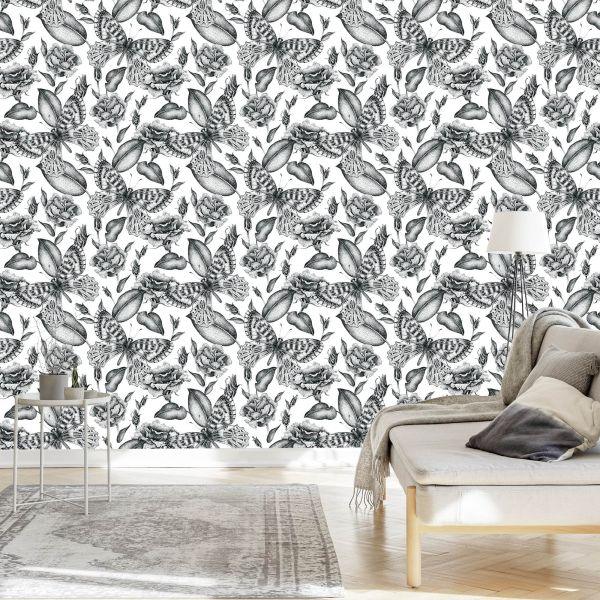 Behang Zwart-Witte Rozen Met Vlinders - Afbeelding 3