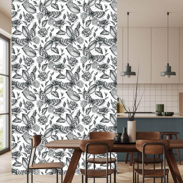 Behang Zwart-Witte Rozen Met Vlinders - Afbeelding 4