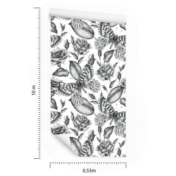 Behang Zwart-Witte Rozen Met Vlinders - Afbeelding 8