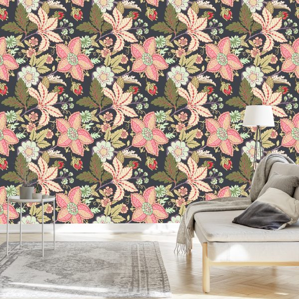 Behang Vintage Bloemen Met Bladeren - Afbeelding 3