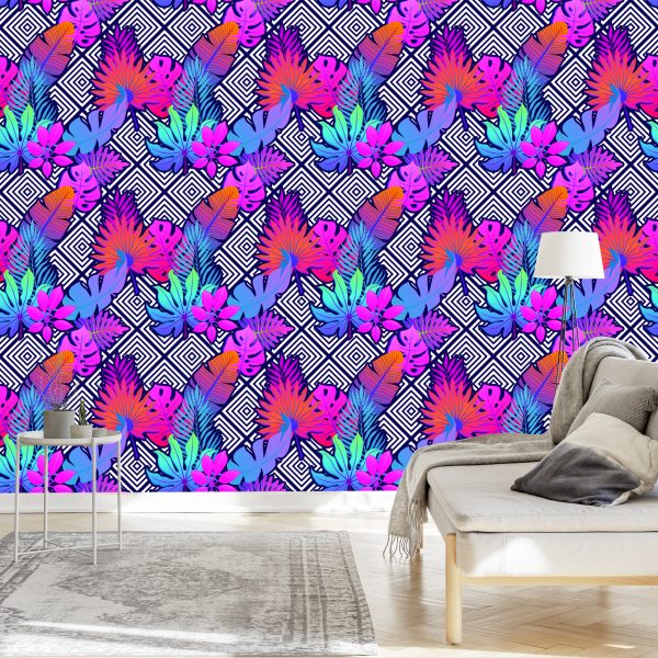 Behang Bladeren Op Geometrische Patronen - Afbeelding 3