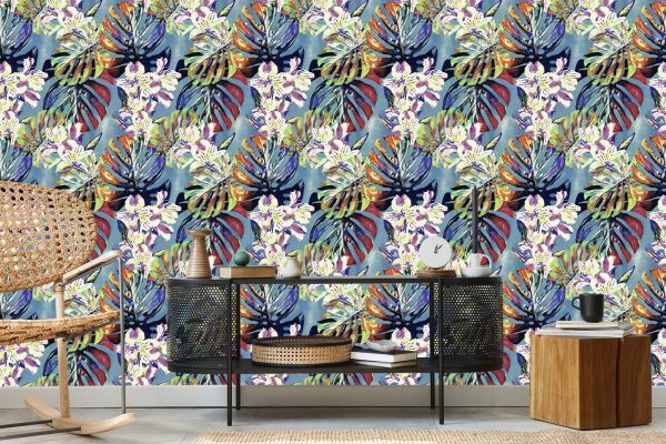 Behang Monstera Bladeren Met Bloemen - Afbeelding 5