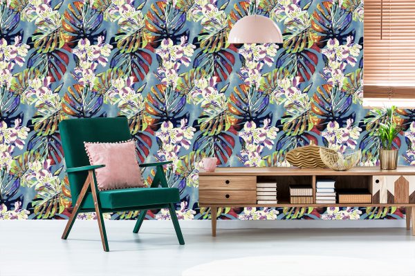 Behang Monstera Bladeren Met Bloemen - Afbeelding 6