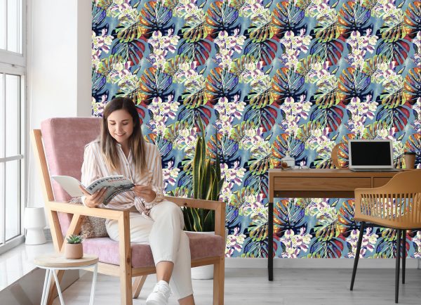 Behang Monstera Bladeren Met Bloemen - Afbeelding 7