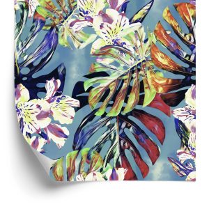 Behang Monstera Bladeren Met Bloemen