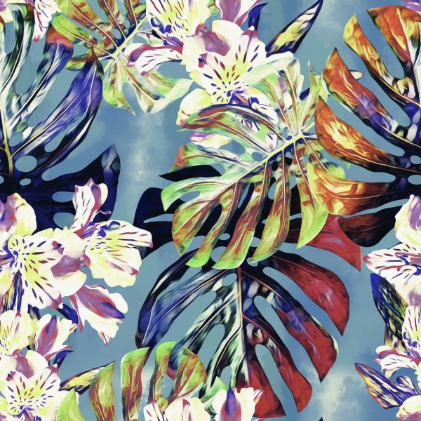 Behang Monstera Bladeren Met Bloemen - Afbeelding 2