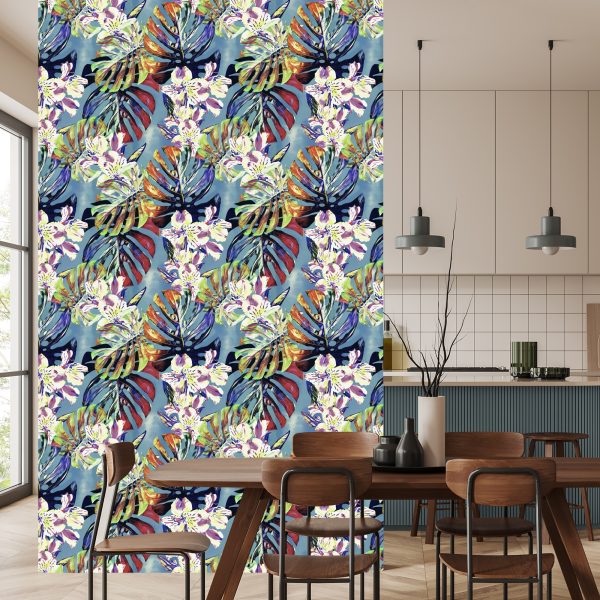 Behang Monstera Bladeren Met Bloemen - Afbeelding 4
