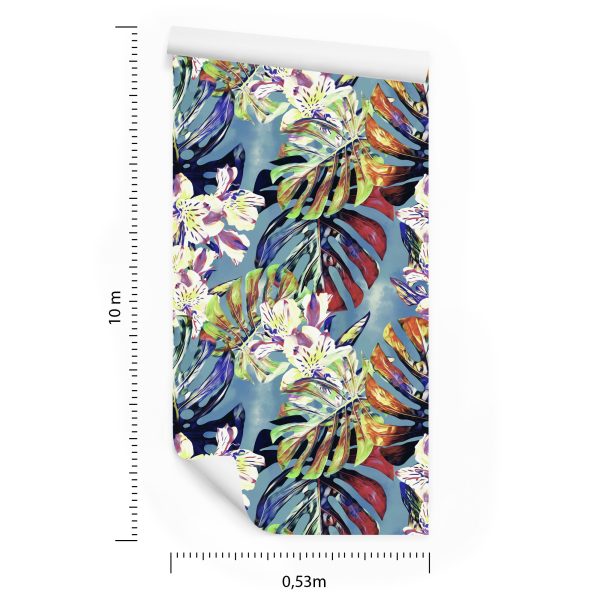 Behang Monstera Bladeren Met Bloemen - Afbeelding 8