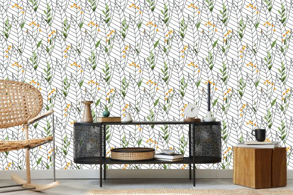 Behang Witte Bladeren Met Bloemen - Afbeelding 5