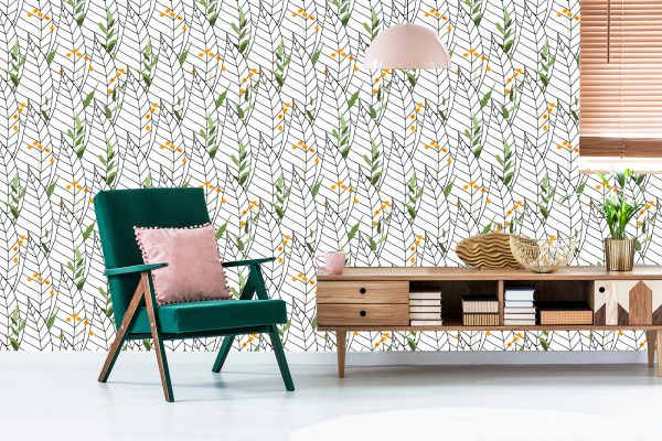 Behang Witte Bladeren Met Bloemen - Afbeelding 6