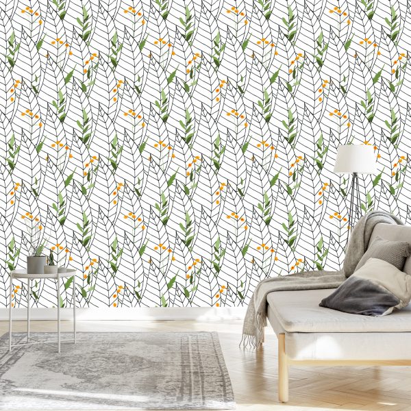 Behang Witte Bladeren Met Bloemen - Afbeelding 3