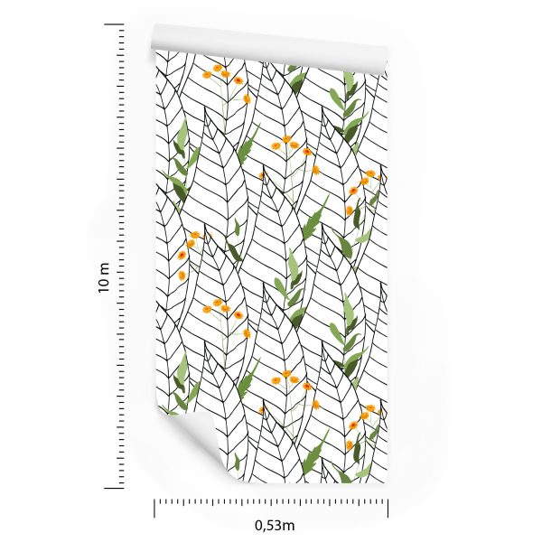 Behang Witte Bladeren Met Bloemen - Afbeelding 8