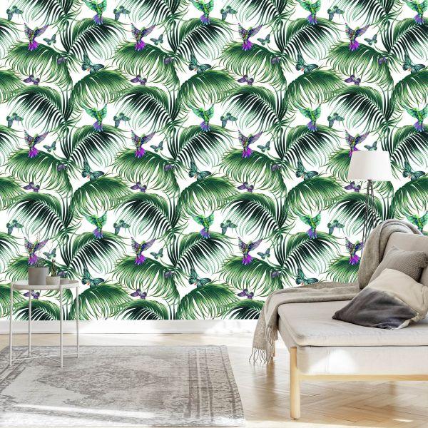 Behang Palmbladeren Met Vogels - Afbeelding 3