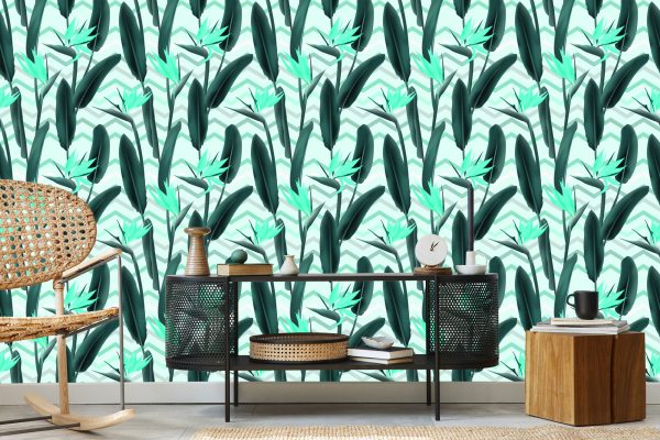 Behang Moderne Bladeren Met Bloemen - Afbeelding 5