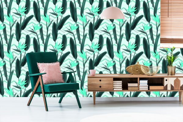 Behang Moderne Bladeren Met Bloemen - Afbeelding 6