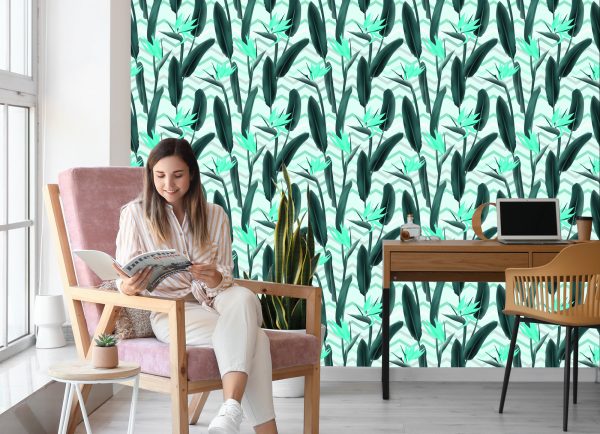 Behang Moderne Bladeren Met Bloemen - Afbeelding 7