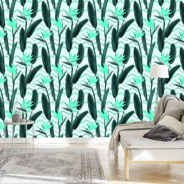 Behang Moderne Bladeren Met Bloemen - Afbeelding 3