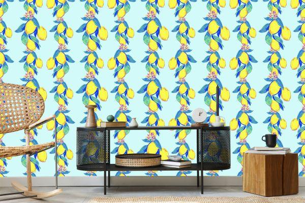 Behang Citroenen Met Bladeren En Bloemen - Afbeelding 5