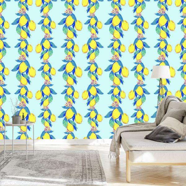 Behang Citroenen Met Bladeren En Bloemen - Afbeelding 3