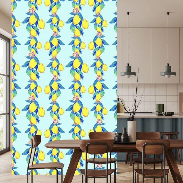 Behang Citroenen Met Bladeren En Bloemen - Afbeelding 4