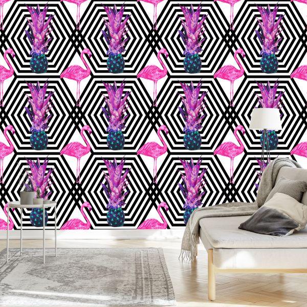 Behang Ananas En Flamingo's - Afbeelding 3