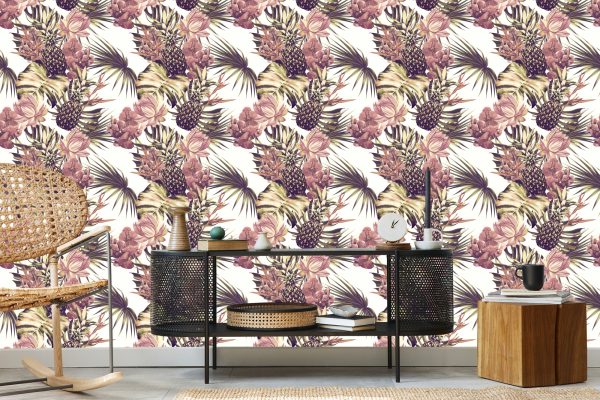 Behang Ananas Met Monstera Bladeren En Bloemen - Afbeelding 5