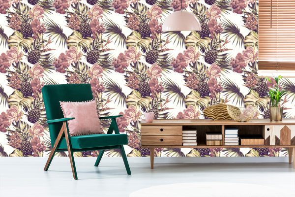 Behang Ananas Met Monstera Bladeren En Bloemen - Afbeelding 6