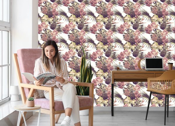 Behang Ananas Met Monstera Bladeren En Bloemen - Afbeelding 7
