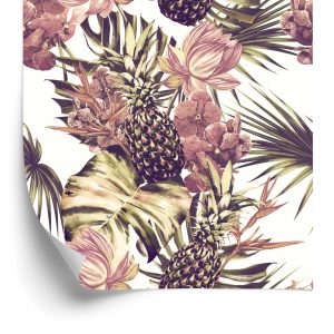 Behang Ananas Met Monstera Bladeren En Bloemen