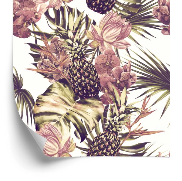 Behang Ananas Met Monstera Bladeren En Bloemen
