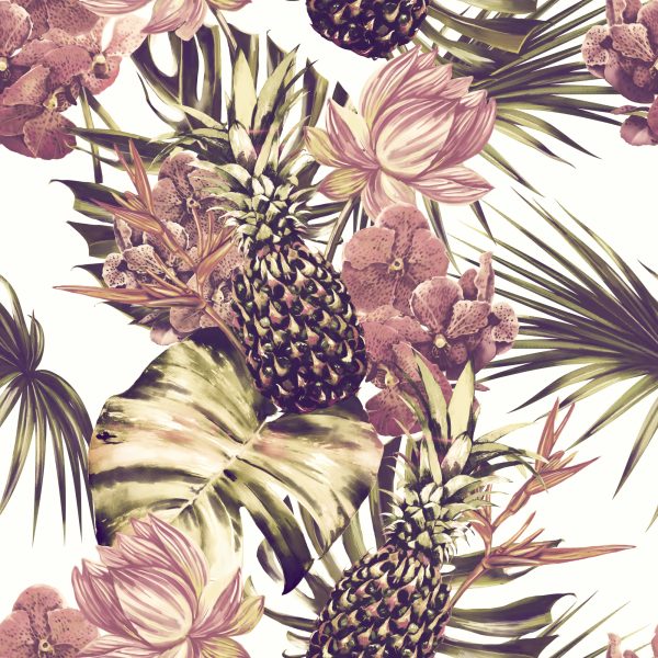 Behang Ananas Met Monstera Bladeren En Bloemen - Afbeelding 2