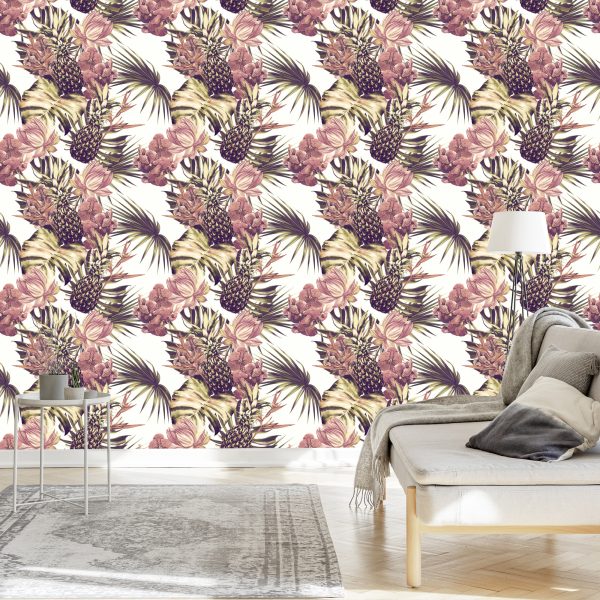 Behang Ananas Met Monstera Bladeren En Bloemen - Afbeelding 3