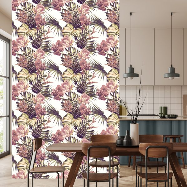 Behang Ananas Met Monstera Bladeren En Bloemen - Afbeelding 4
