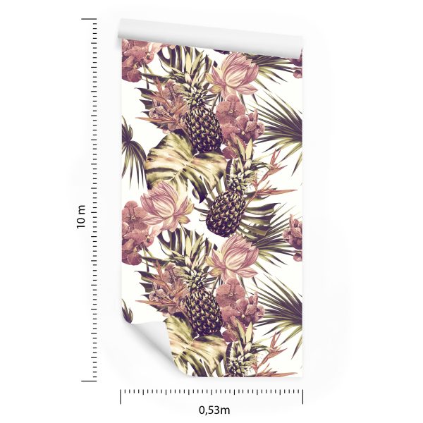 Behang Ananas Met Monstera Bladeren En Bloemen - Afbeelding 8
