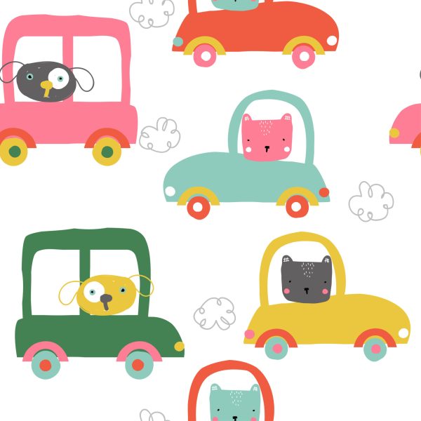Behang Voor Kinderen - Grappige Dieren En Speelgoedauto's - Afbeelding 2