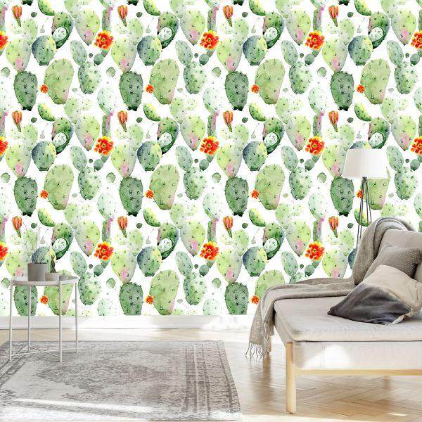 Behang Cactussen Met Vlekjes En Bloemen - Afbeelding 3