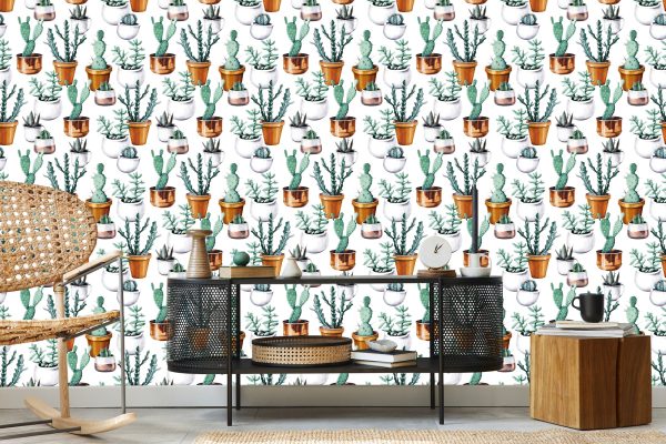 Behang Geschilderde Cactussen In Potten - Afbeelding 5