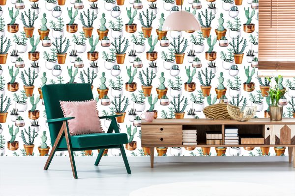 Behang Geschilderde Cactussen In Potten - Afbeelding 6