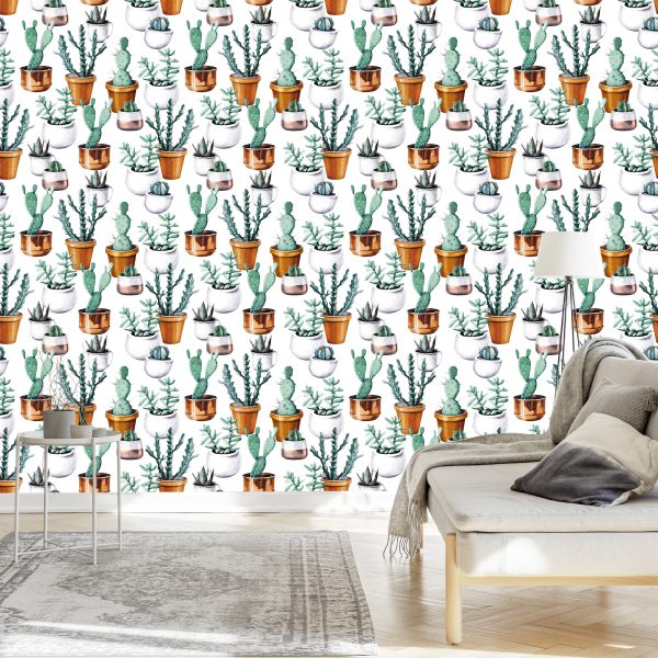 Behang Geschilderde Cactussen In Potten - Afbeelding 3