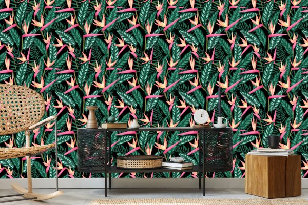 Behang Tropische Bloemen Met Palmbladeren - Afbeelding 5