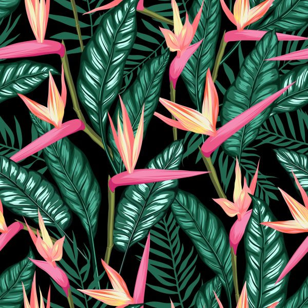 Behang Tropische Bloemen Met Palmbladeren - Afbeelding 2